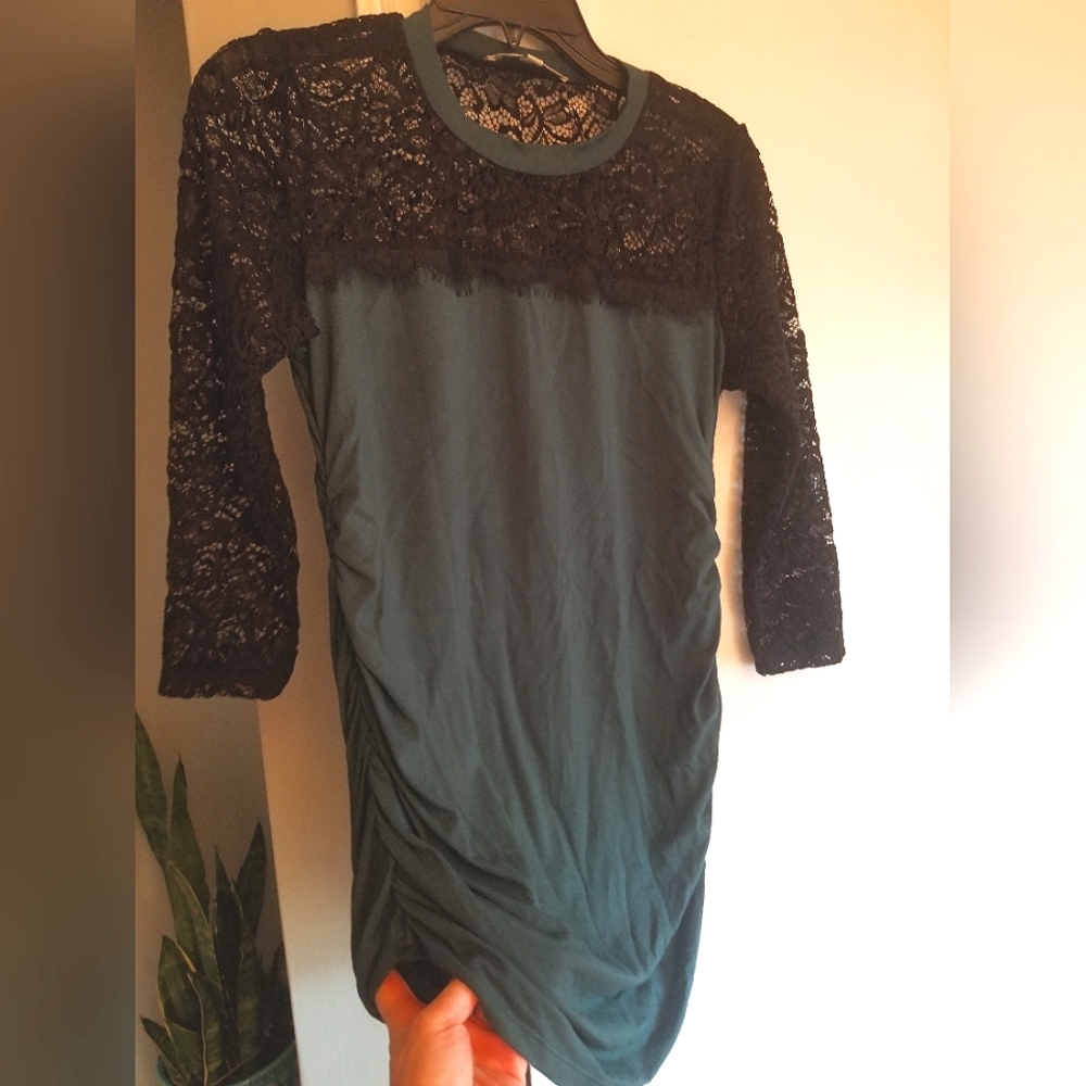 Forest green jersey & black lace maternity blouse size S 3/4 sleeve